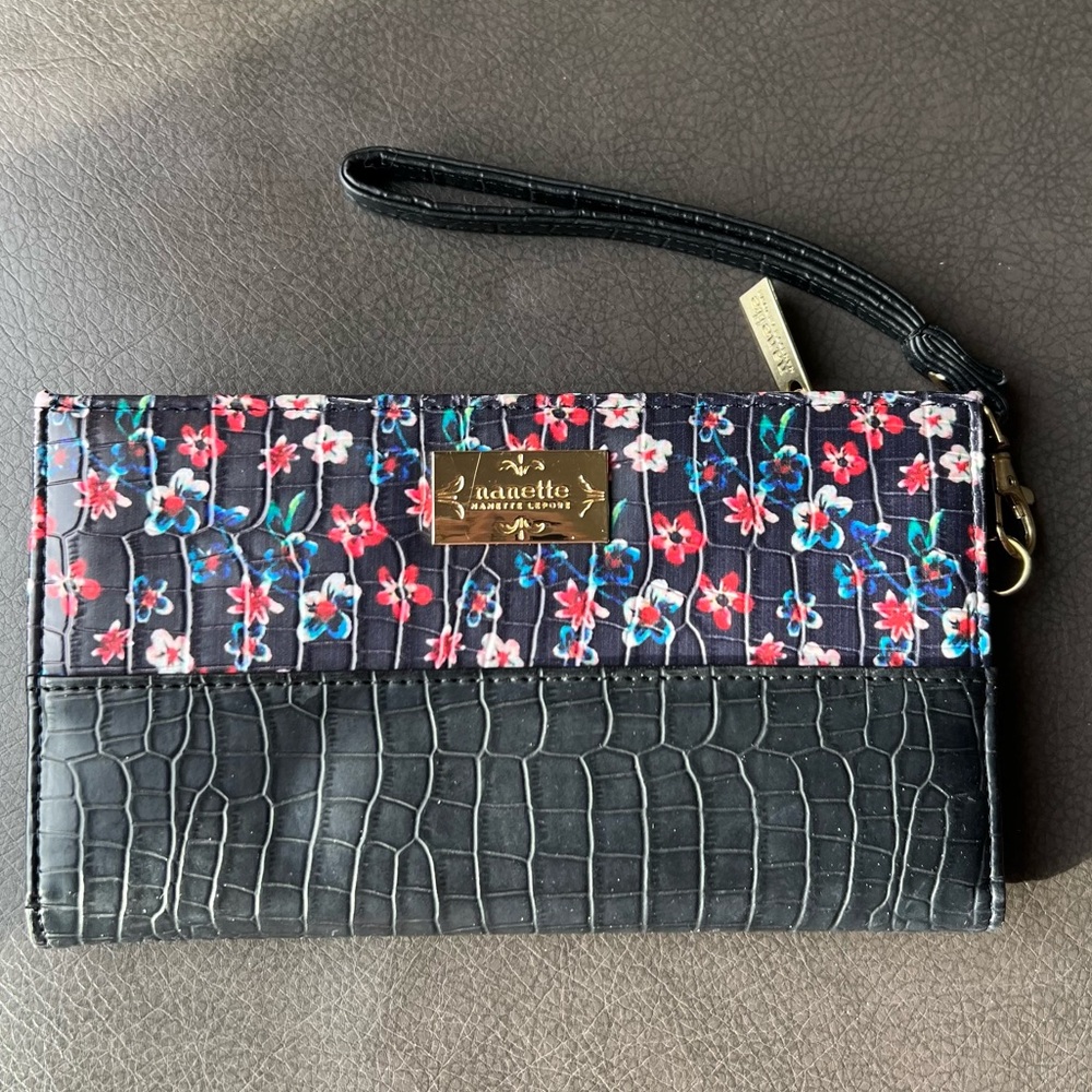 Nanette Lapore Floral Croc Foldover Snap Wallet Wristlet - RFID Lined Wallet
